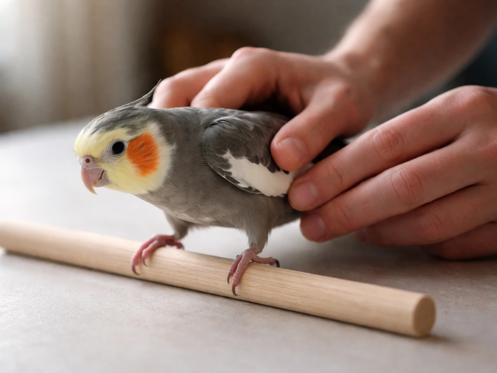 A hand gently presses a small bird’s lower body as it steps onto a wooden dowel indoors.