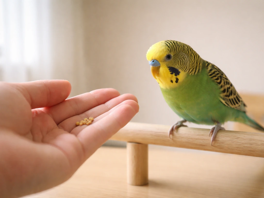 Calm bird in a simple indoor setting as a hand approaches at beak height from the side