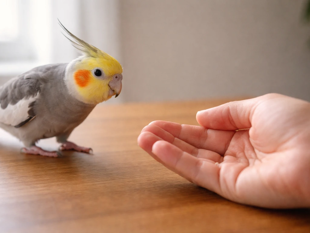 Small pet bird stepping toward an owner’s open hand holding a visible treat during recall training.