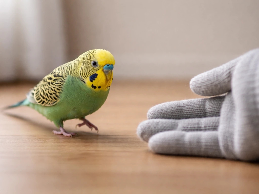 Small parakeet moving toward an outstretched gloved hand, illustrating trained recall.