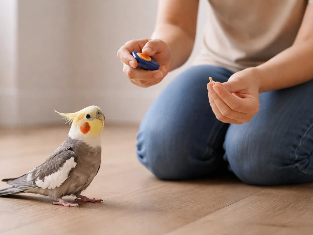 Anonymous handler holds a clicker and treat while a small parrot turns toward them indoors