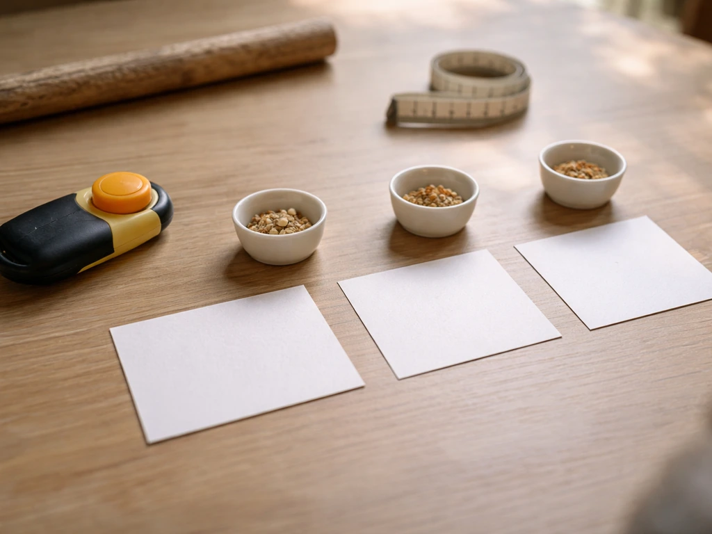 Minimal tabletop setup with three cue cards, a clicker-like marker, and bird treats for a short training session.