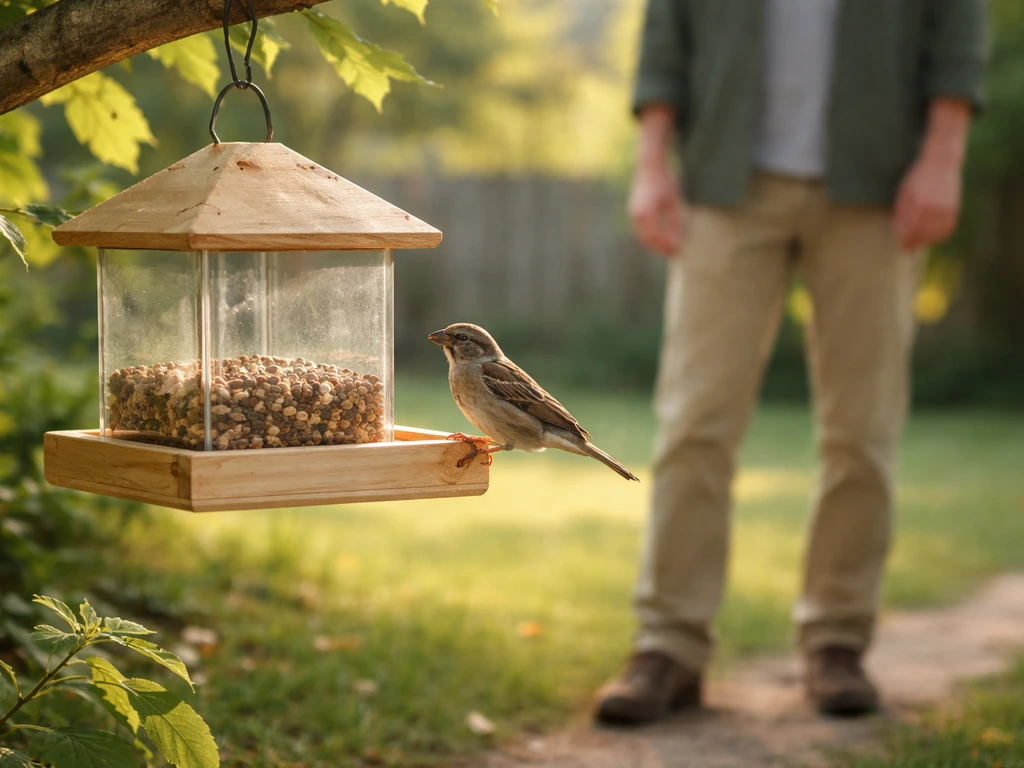 Wild songbird safely approaching a hanging feeder while a person stands calmly at a distance.