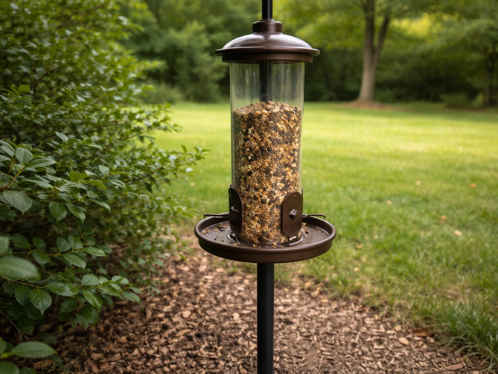 Close-up of a backyard bird feeder near low shrubs, shown as a safe, consistent feeding spot.