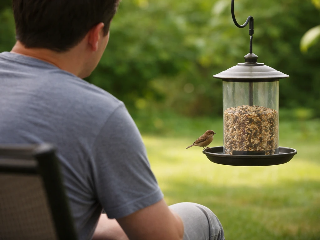 Calm person sitting still at a feeder as a small songbird approaches from a safe distance