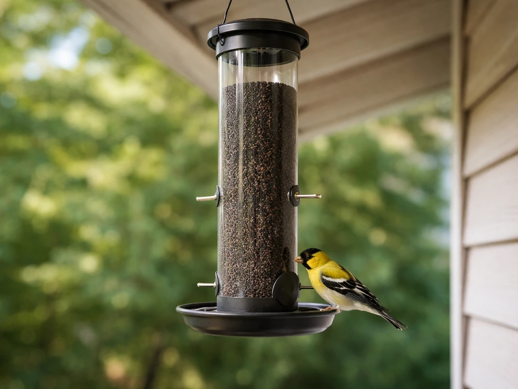 A small finch perched at a nyjer seed tube feeder with soft greenery in the background.
