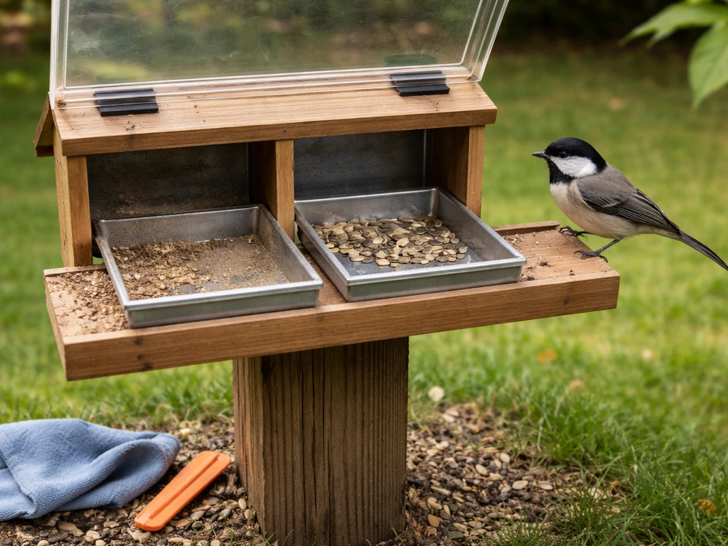 Small songbird near a backyard feeder beside a visibly dirty vs clean feeder tray after maintenance.