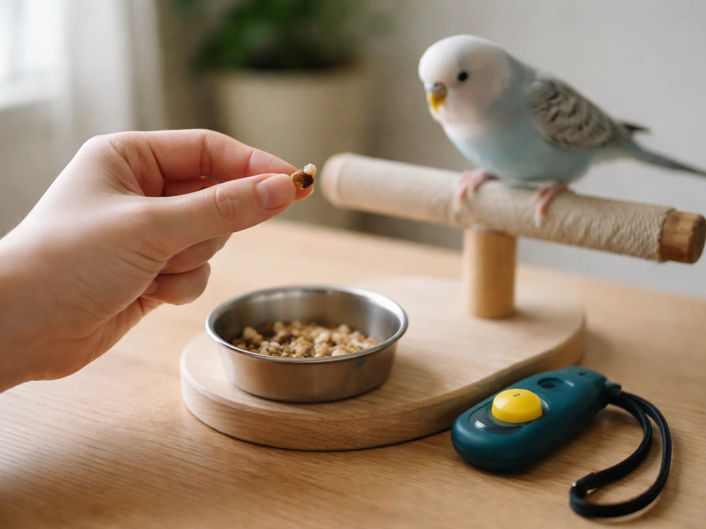 Trainer’s hand holding a small bird treat beside a clicker/marker near a bird perch