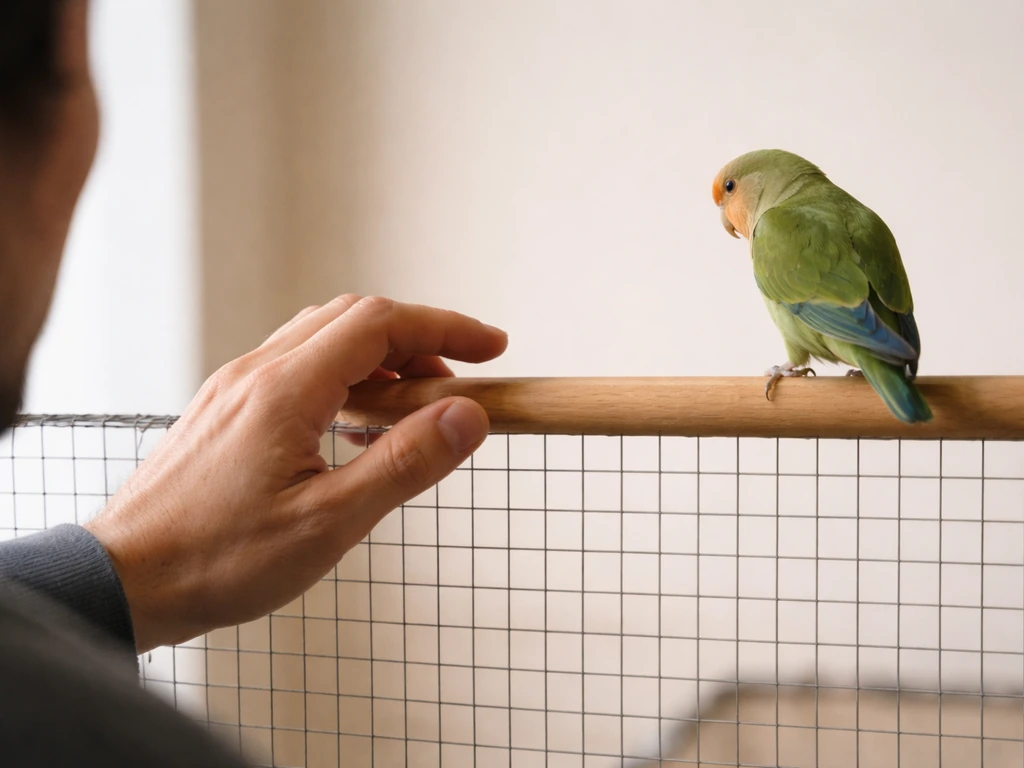 Trainer pauses after a bite attempt with hand held back behind a wire barrier; small bird on a perch.
