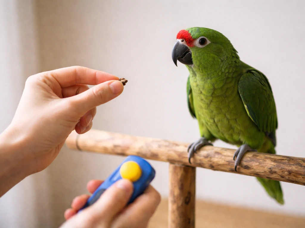 Green parrot on a wooden perch with a trainer’s hand delivering a treat right after a clicker marker.