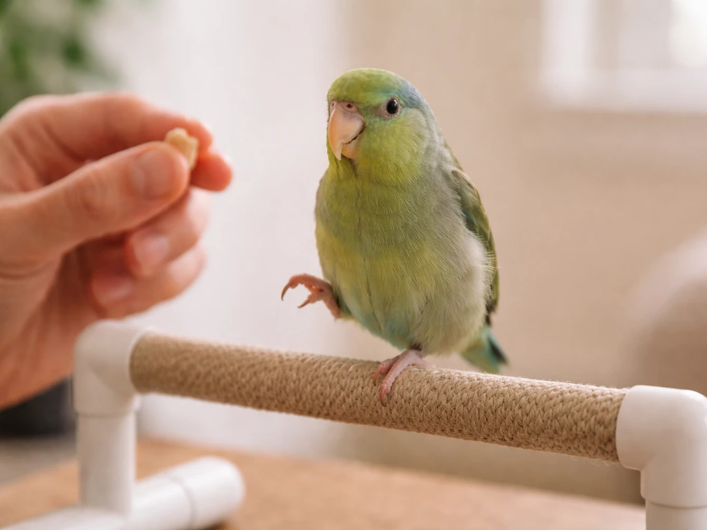 Small pet bird holding its foot up while a trainer’s hand pauses with a treat ready to reward.
