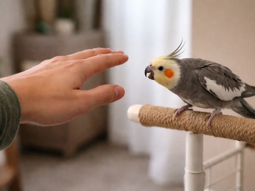 Anonymous trainer’s hand near a small pet bird showing tense warning posture before biting