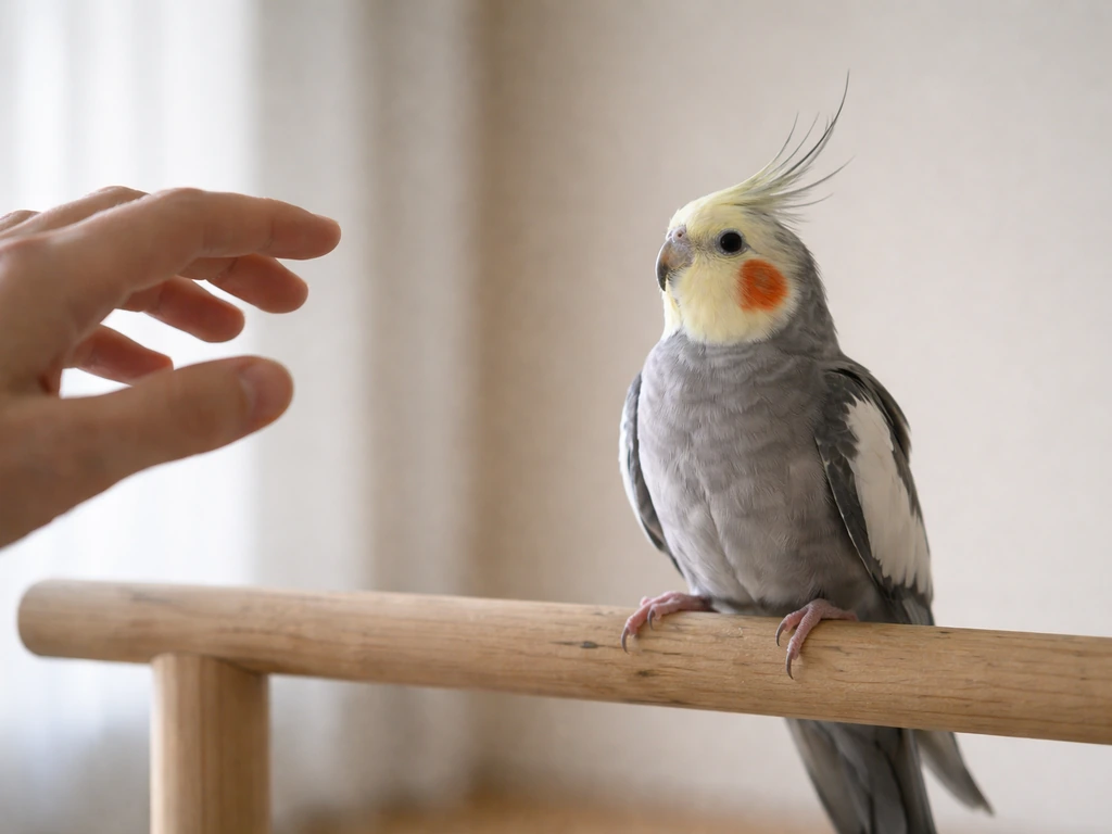 Small bird flinches while a trainer’s hand approaches at a cautious distance during desensitization.