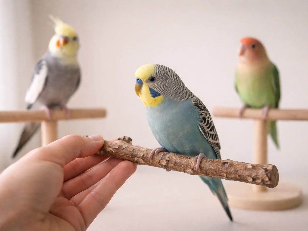 Hand training a small bird on a perch, with three blurred companion birds nearby in a simple indoor setup