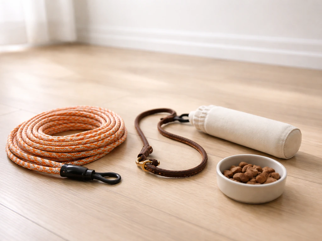 Coiled braided check cord, slip lead, training bumper, and a small bowl of treats laid out neatly indoors.