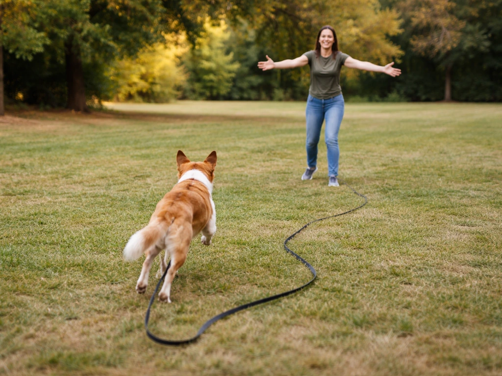 Dog on a long line running toward its handler during a low-distraction recall drill
