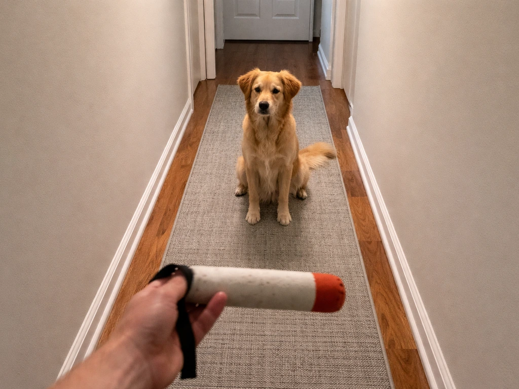 Medium dog sits in a narrow hallway ready to retrieve a small training bumper.