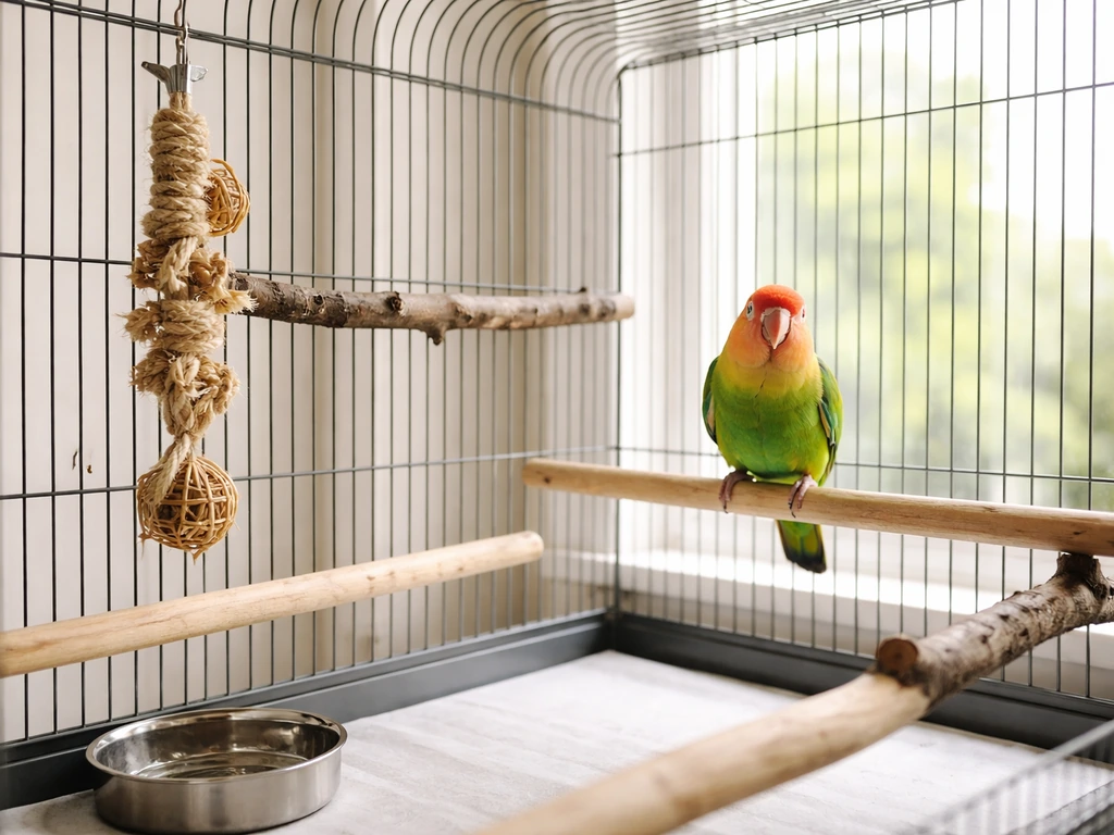 Calm setup for raising a pet bird: clean cage with safe perches, toys, and natural light