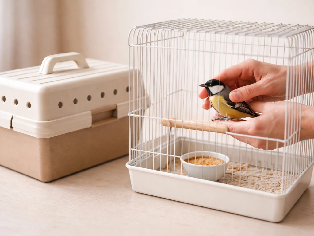 Hands placing a small bird into a secure pet cage, with a separate closed recovery box nearby