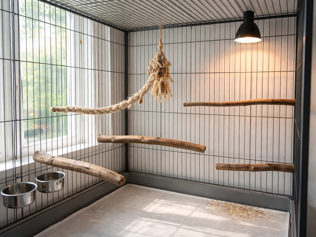 A safe cockatiel aviary setup showing roomy cage, secure perches, enrichment toys, and warm stable lighting