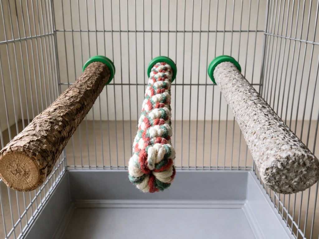 Close-up of a bird cage with a wood branch, rope perch, and rough concrete perch side by side.