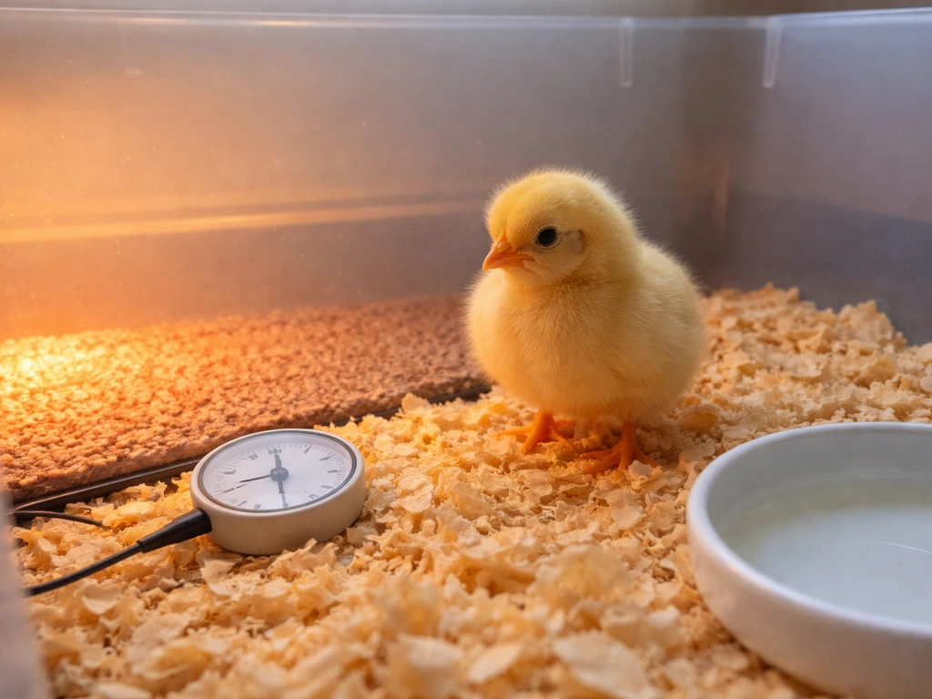 Yellow chick in a clean brooder with a half-sized heating mat and a thermometer near the bedding.