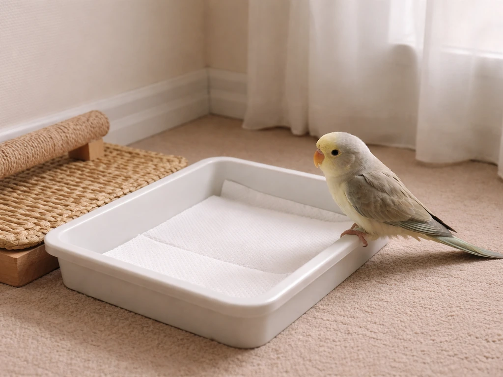 Small pet bird near a shallow potty tray lined with paper towels for litter training.