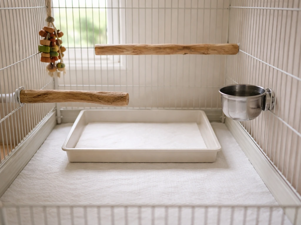 Side view of a birdcage setup with a designated potty tray and lined cage bottom under a perch.