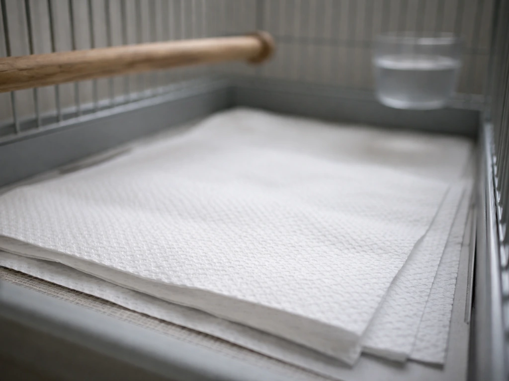 Close-up of a bird cage bottom lined with plain white paper towels and unprinted newspaper, minimal background.