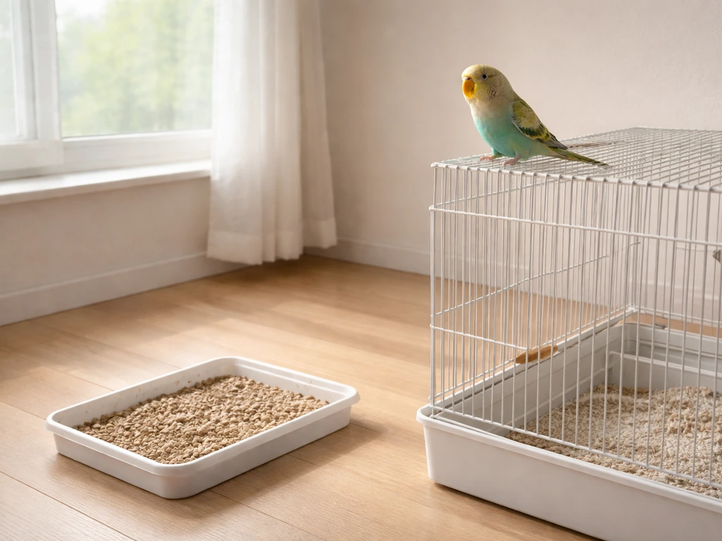 A small pet bird perched near a floor litter target placed closer, showing a wider landing zone.