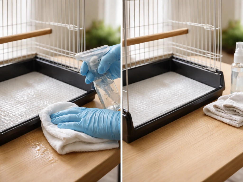 Gloved hands wiping a small bird cage tray with a cloth and bird-safe cleaner, tray drying before reuse.