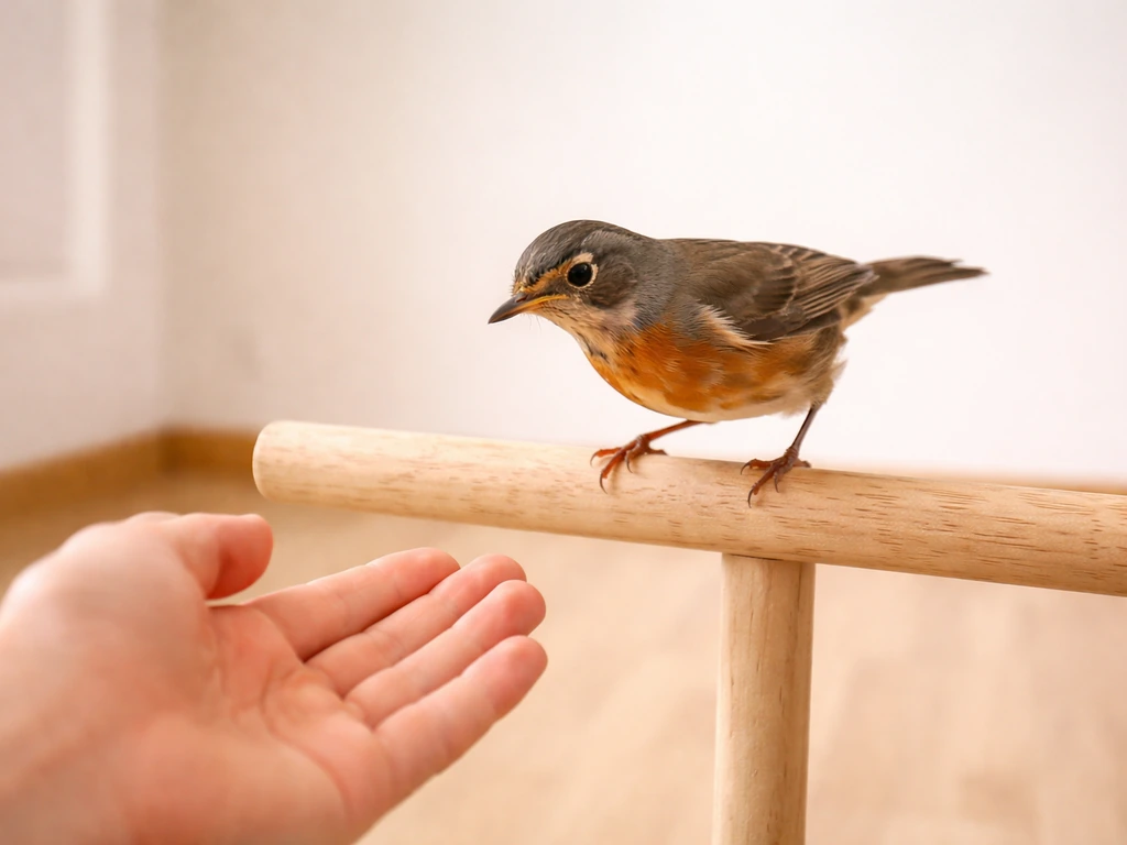 Songbird perched near a safe training hand in a clean, uncluttered room with natural light.