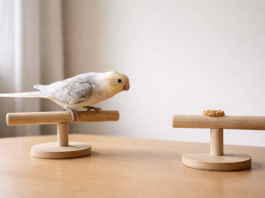Small training bird perched on a stand hopping toward another perch with a treat visible on the far perch