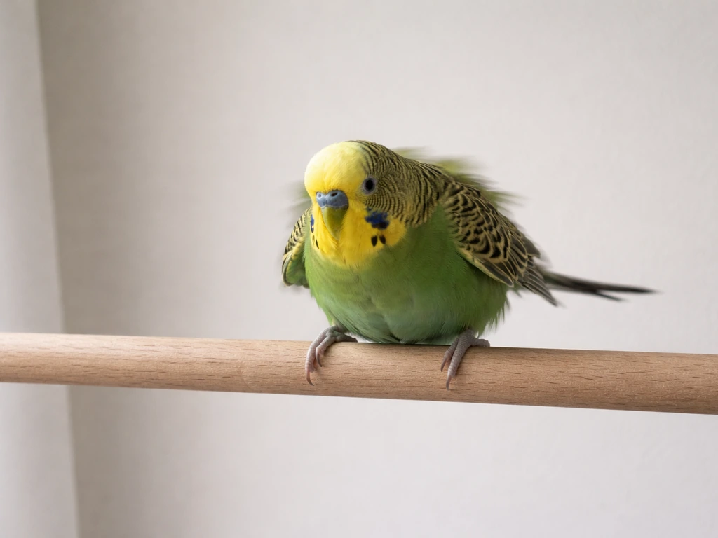 Small pet bird perched indoors with slicked feathers and tense stress posture during training.