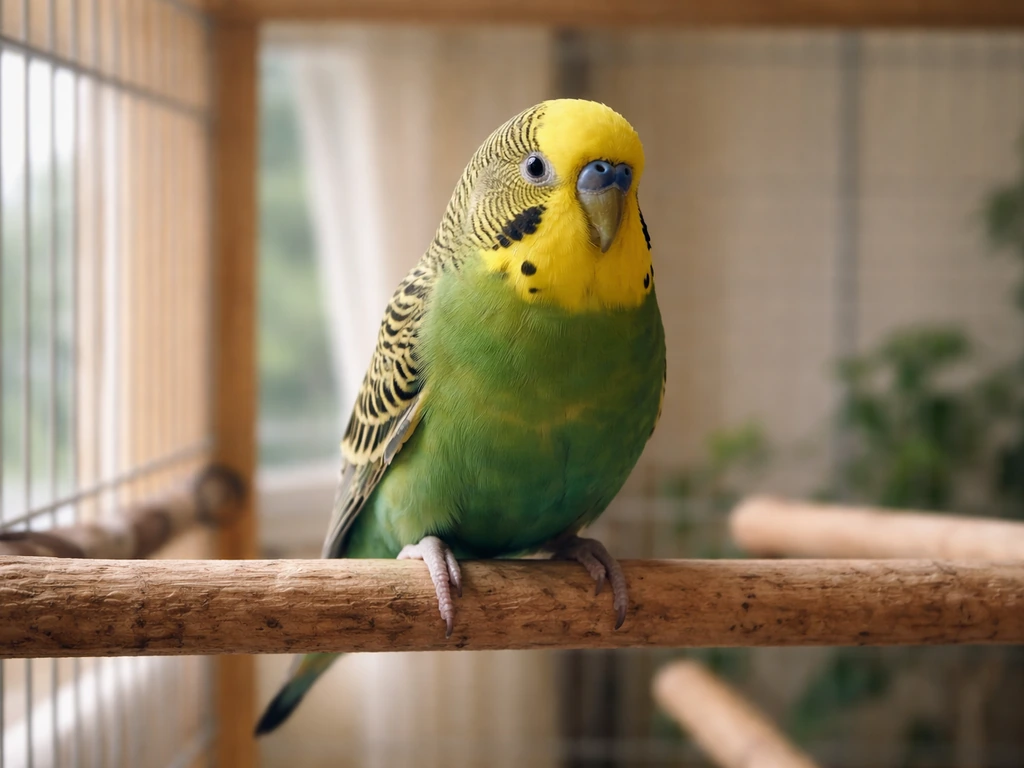 Close view of a healthy small bird perched, alert and calm, with clean feathers in a quiet indoor setting.