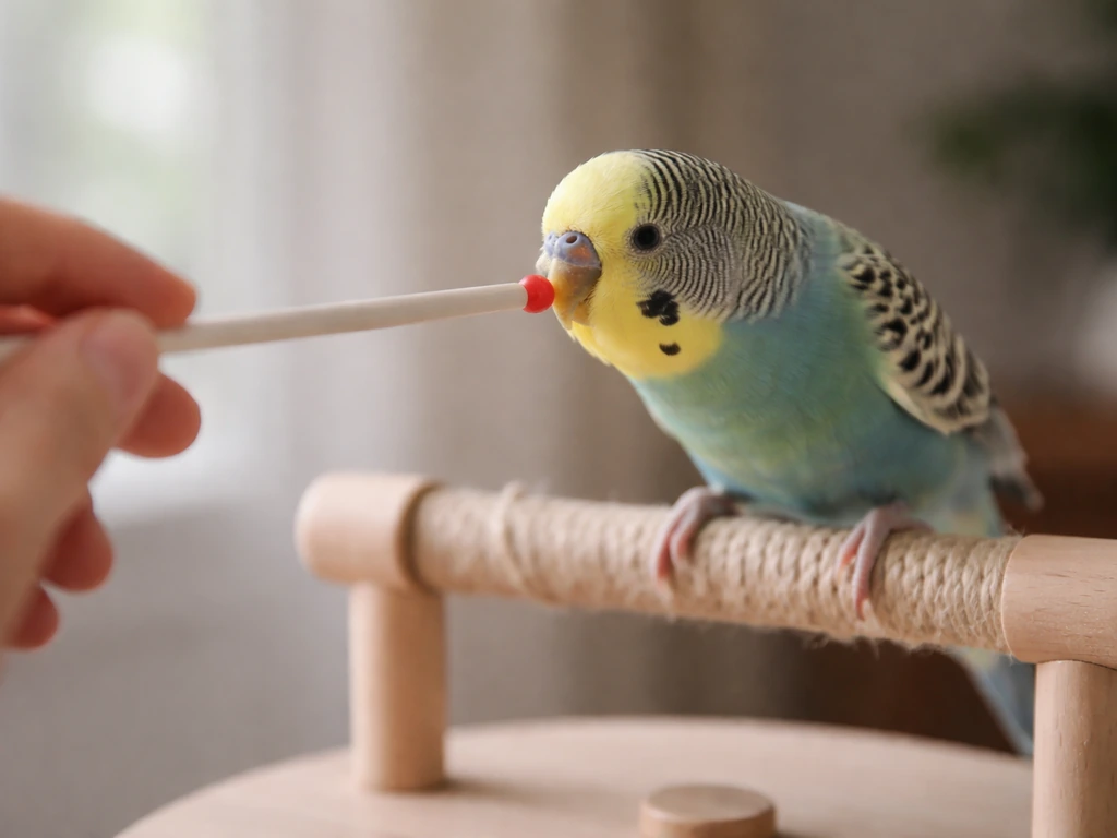 Small training bird gently touching a thin target stick held by a human hand in calm recall practice.