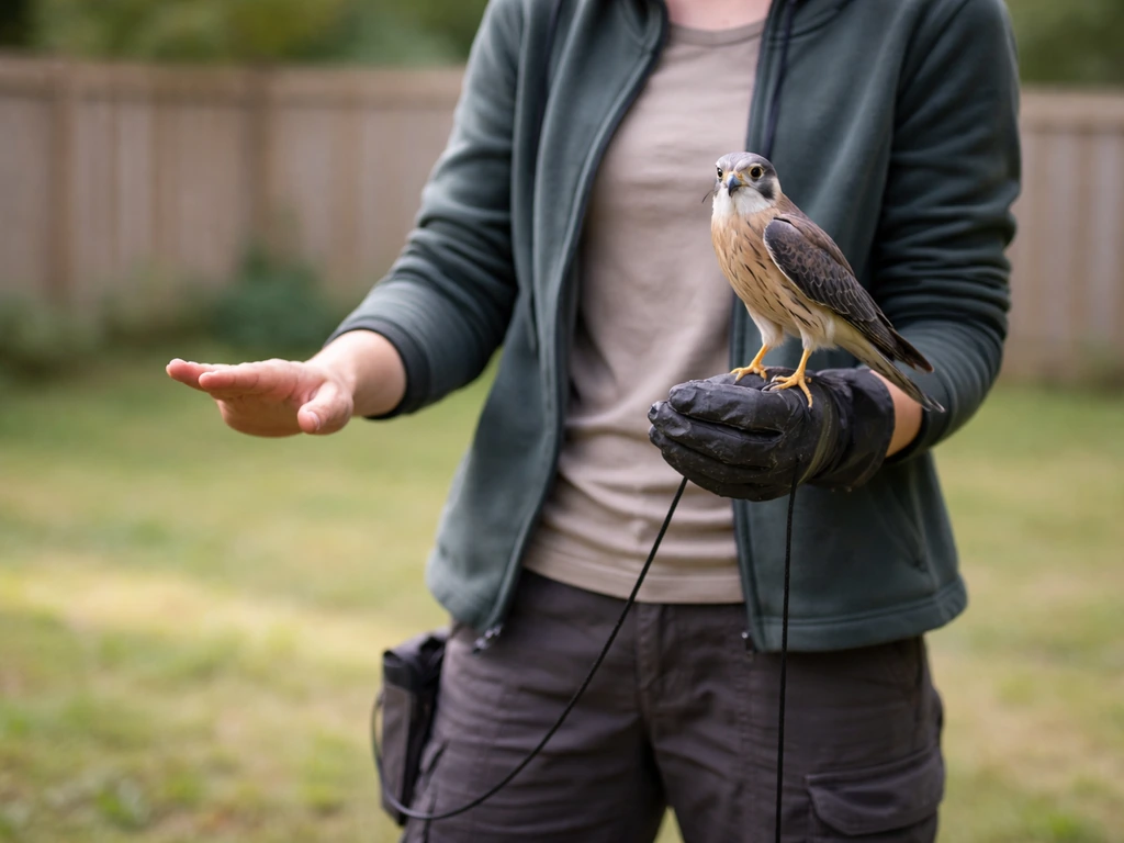 Trainer holding a gloved hand with a small bird in a fenced outdoor area, calm and supervised.