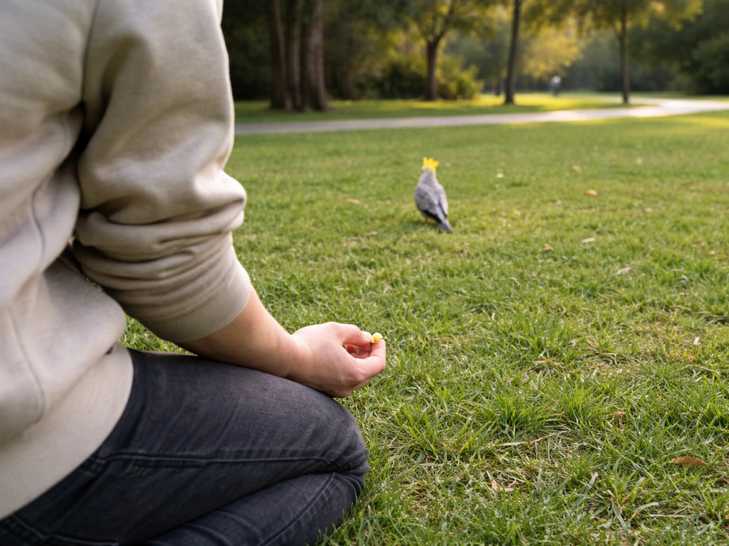 Trainer kneels in a quiet park holding a treat as a small bird hesitates mid-ground