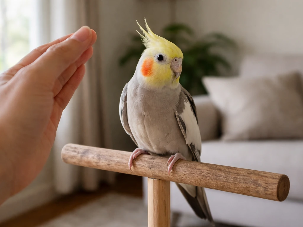 A calm pet bird on a wooden perch while a trainer’s hand cues the start of a full spin.