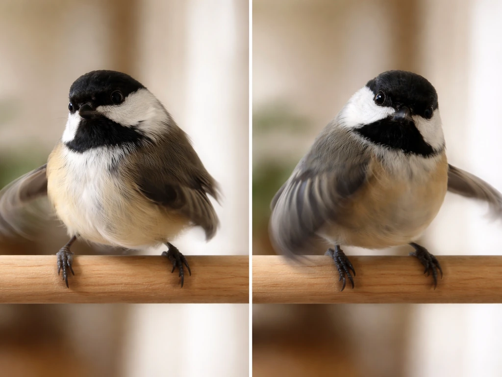 A small bird on a perch performing a 360-degree body-and-feet pivot (spin) in place