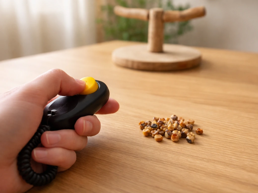 Close-up of a clicker and small bird treats on a wooden table during training.