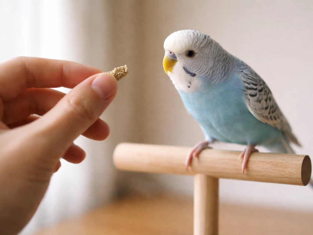 Trainer’s hand holding a treat beside a small pet bird, prompting a slight head/body turn