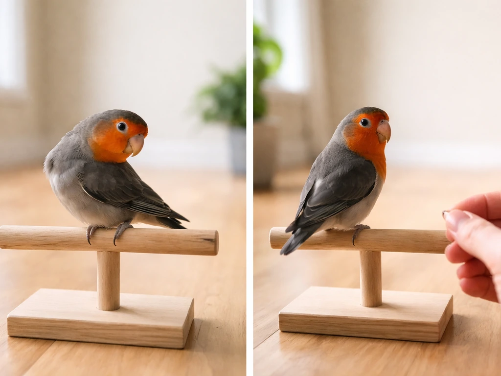 Two close-up training sessions: small bird stops after partial spin, then calmly completes half turn with handler nearby