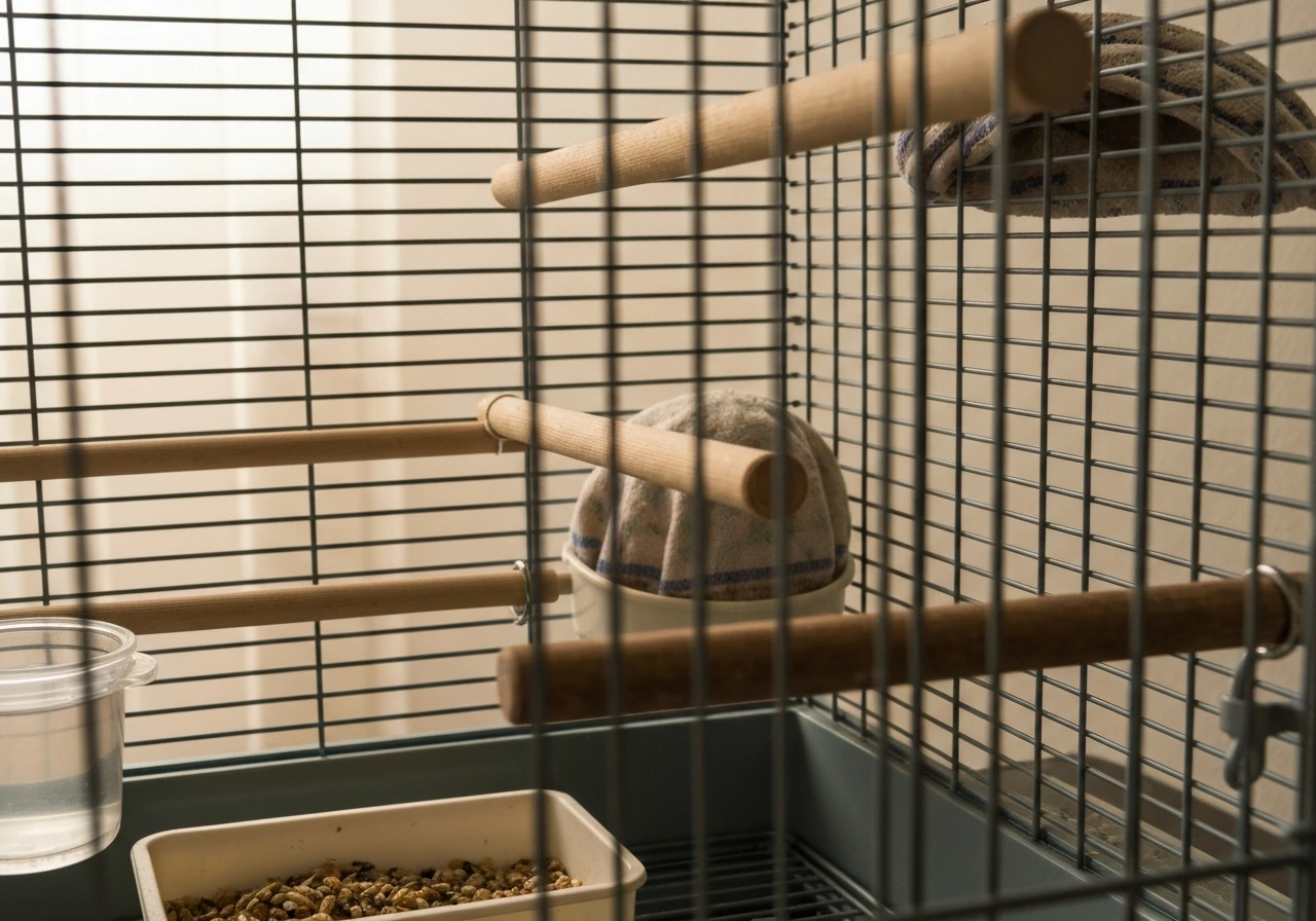 Canary cage interior showing safe bar spacing, comfortable wooden perches, and accessories in natural light