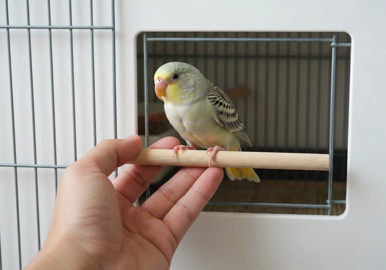 Hand holding a short perch dowel steady at a bird’s feet for a step-up near the cage door