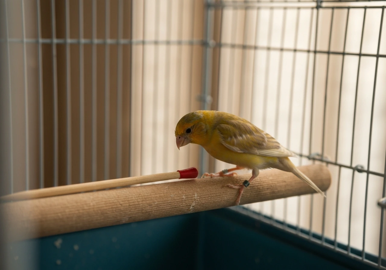 A canary in its cage leans toward a small colored-tip training stick to peck it.