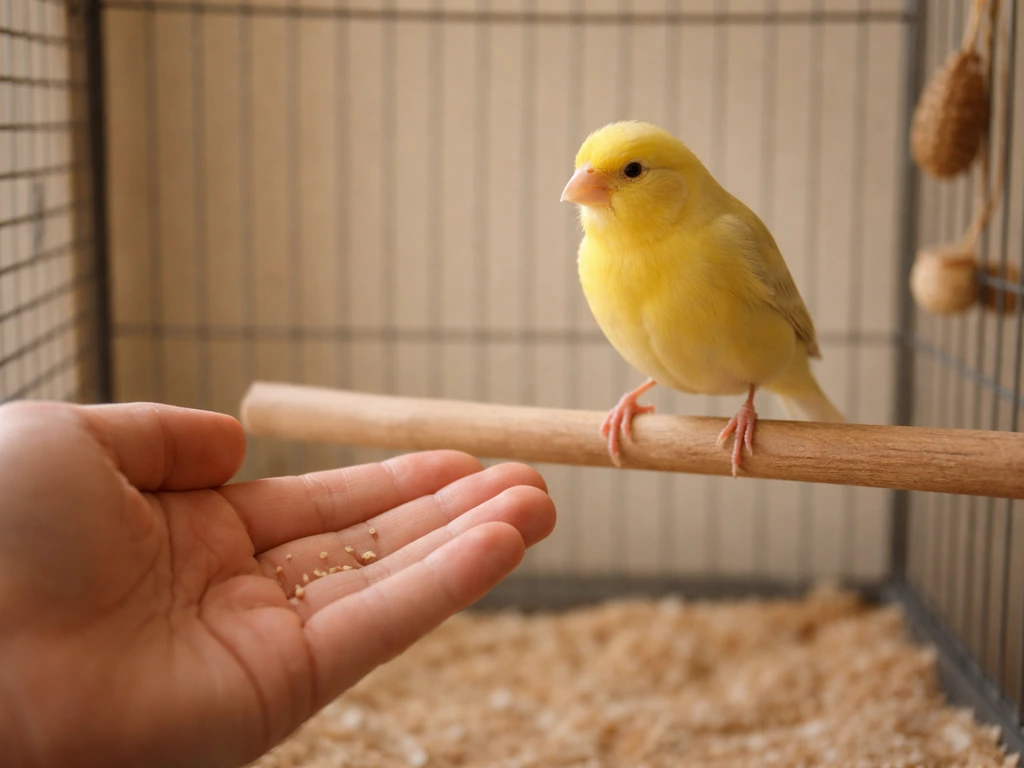 A canary perched on a dowel while a hand stays back with a treat nearby to de-escalate biting.