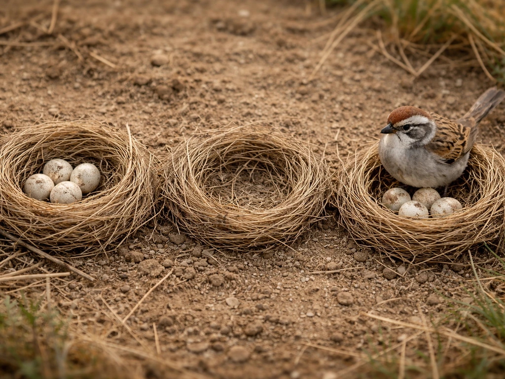 Three small bird nests side-by-side: active with eggs, abandoned-looking, and attended by a parent bird.
