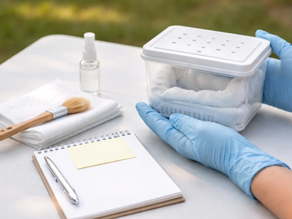 Gloved hands beside a ventilated container and blank notepad placeholder for proper permits.