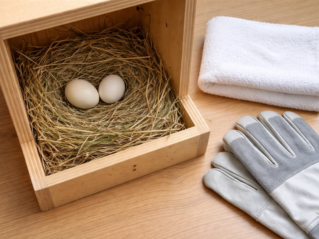 A pet bird nest box with two eggs—one intact and one dummy—in a calm, clean setting